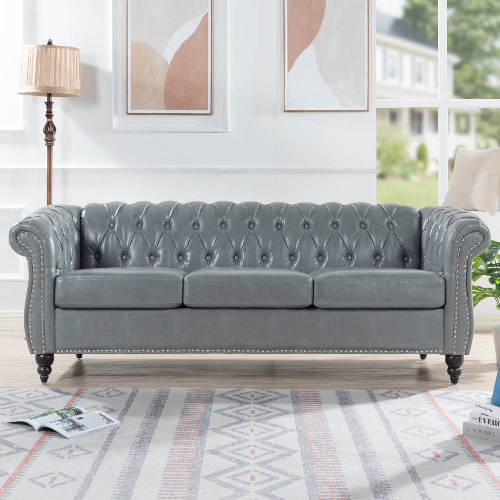 84.65" BLACK PU Rolled Arm Chesterfield Three Seater Sofa.