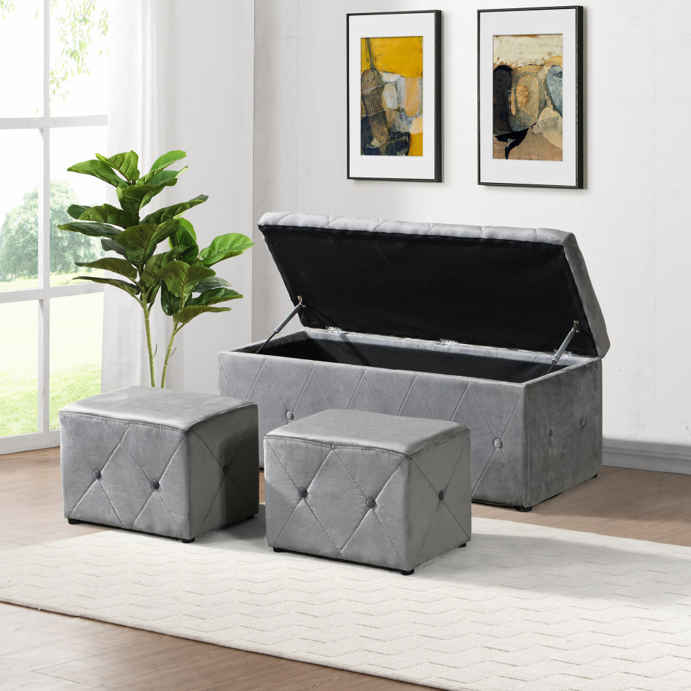 1 Piece Rectangular Storage Ottoman Fabric Linen with 2 Set Ottomans (Beige)