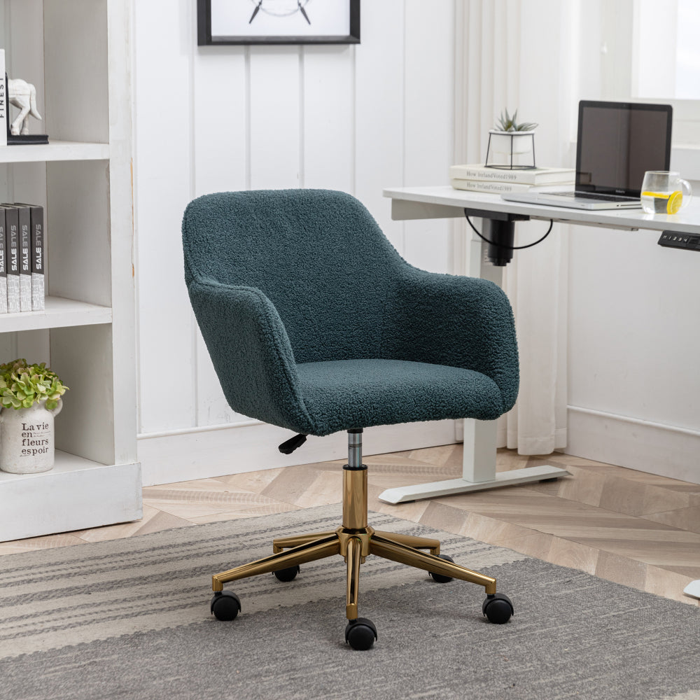 Modern Teddy Fabric Material Adjustable Height 360 Revolving Home Office Chair With Gold Metal Legs And Universal Wheel For Indoor,White