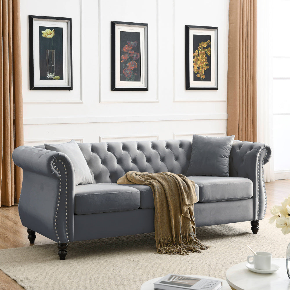 58.8" Chesterfield Sofa Grey Velvet for Living Room, 2 Seater Sofa Tufted Couch with Rolled Arms and Nailhead for Living Room, Bedroom, Office, Apartment, two pillowsW834S00069