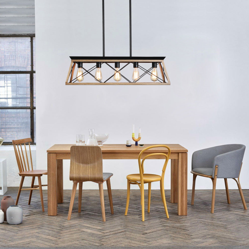 (Same as W134067497/L1002) 32" Oak Industrial 5-Light Pendant Chandelier, Modern Metal Cage Design, Adjustable Hanging Light for Dining Room, Kitchen, Living Room (No Bulbs)