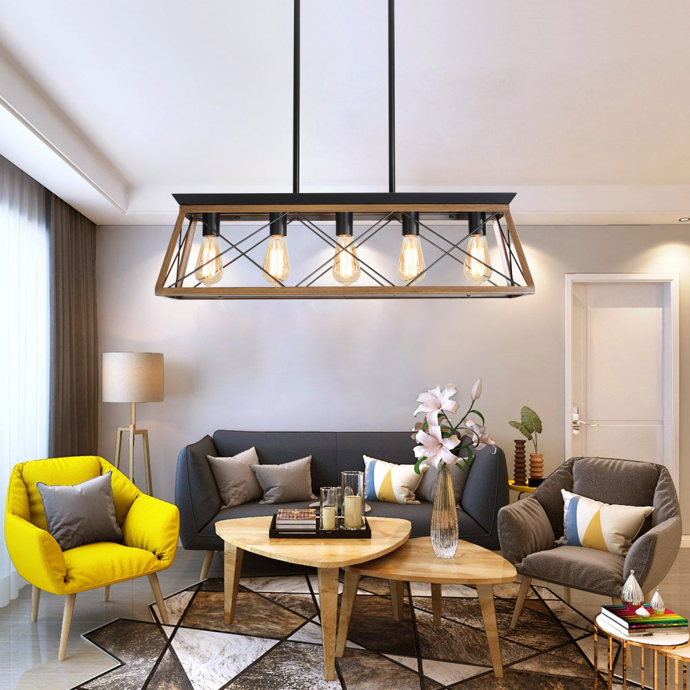 (Same as W134067497/L1002) 32" Oak Industrial 5-Light Pendant Chandelier, Modern Metal Cage Design, Adjustable Hanging Light for Dining Room, Kitchen, Living Room (No Bulbs)