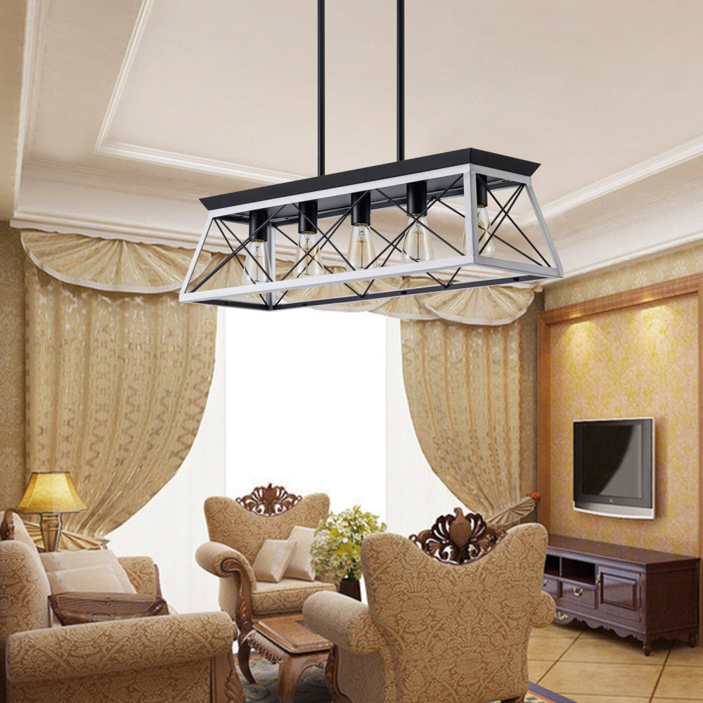 (Same as W134065438/L1001) 32" Black White Industrial 5-Light Pendant Chandelier, Modern Metal Cage Design, Adjustable Hanging Light for Dining Room, Kitchen, Living Room (No Bulbs)