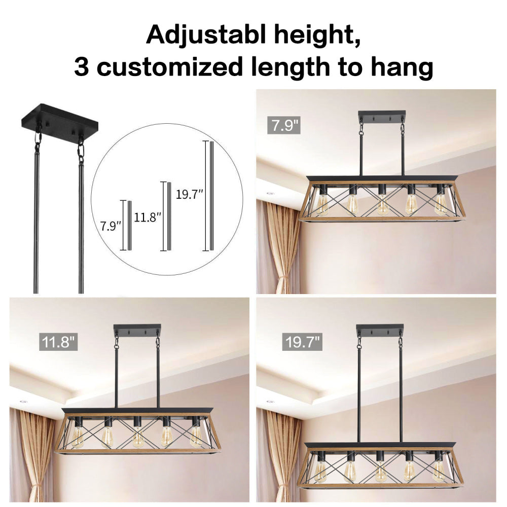 (Same as W134067498/L1003) 32" Walnut Industrial 5-Light Pendant Chandelier, Modern Metal Cage Design, Adjustable Hanging Light for Dining Room, Kitchen, Living Room (No Bulbs)