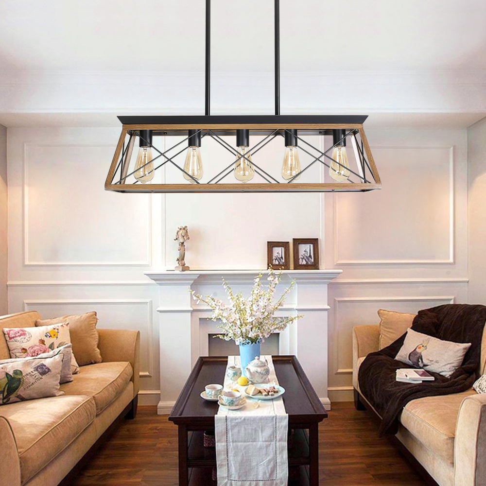 (NEW SKU :W1340P206631) 32" Walnut Industrial 5-Light Pendant Chandelier, Modern Metal Cage Design, Adjustable Hanging Light for Dining Room, Kitchen, Living Room (No Bulbs)