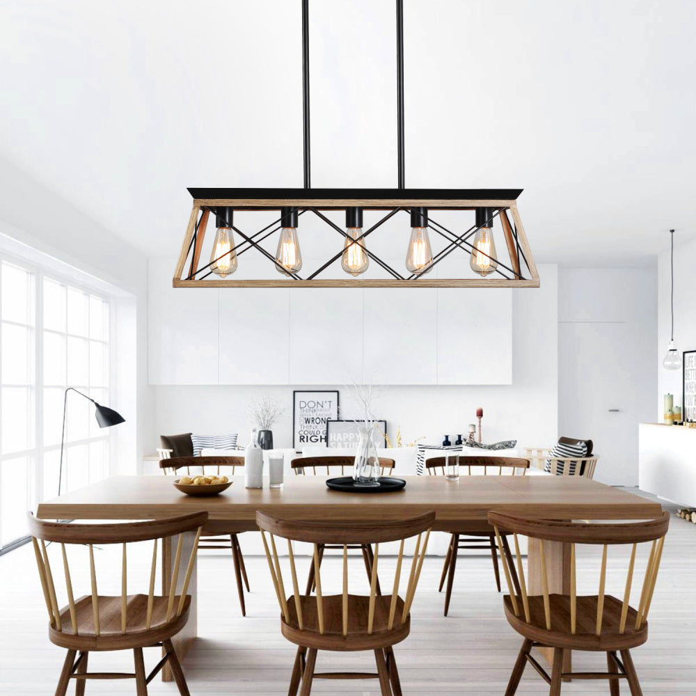(Same as W134067498/L1003) 32" Walnut Industrial 5-Light Pendant Chandelier, Modern Metal Cage Design, Adjustable Hanging Light for Dining Room, Kitchen, Living Room (No Bulbs)