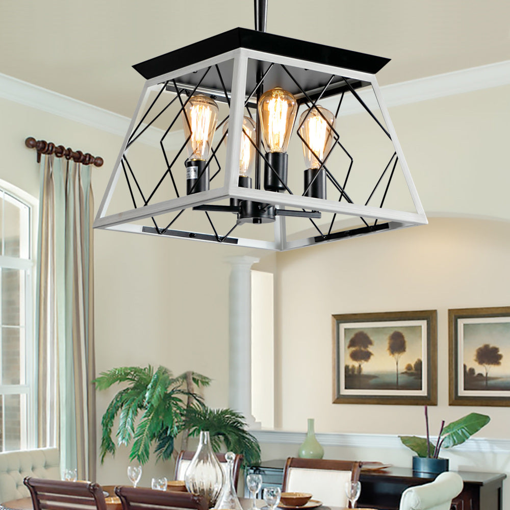 (Same as W1340111202/L1008) 16" Walnut Industrial 4-Light Pendant Chandelier, Modern Metal Cage Design, Adjustable Hanging Light for Dining Room, Kitchen, Living Room (No Bulbs)