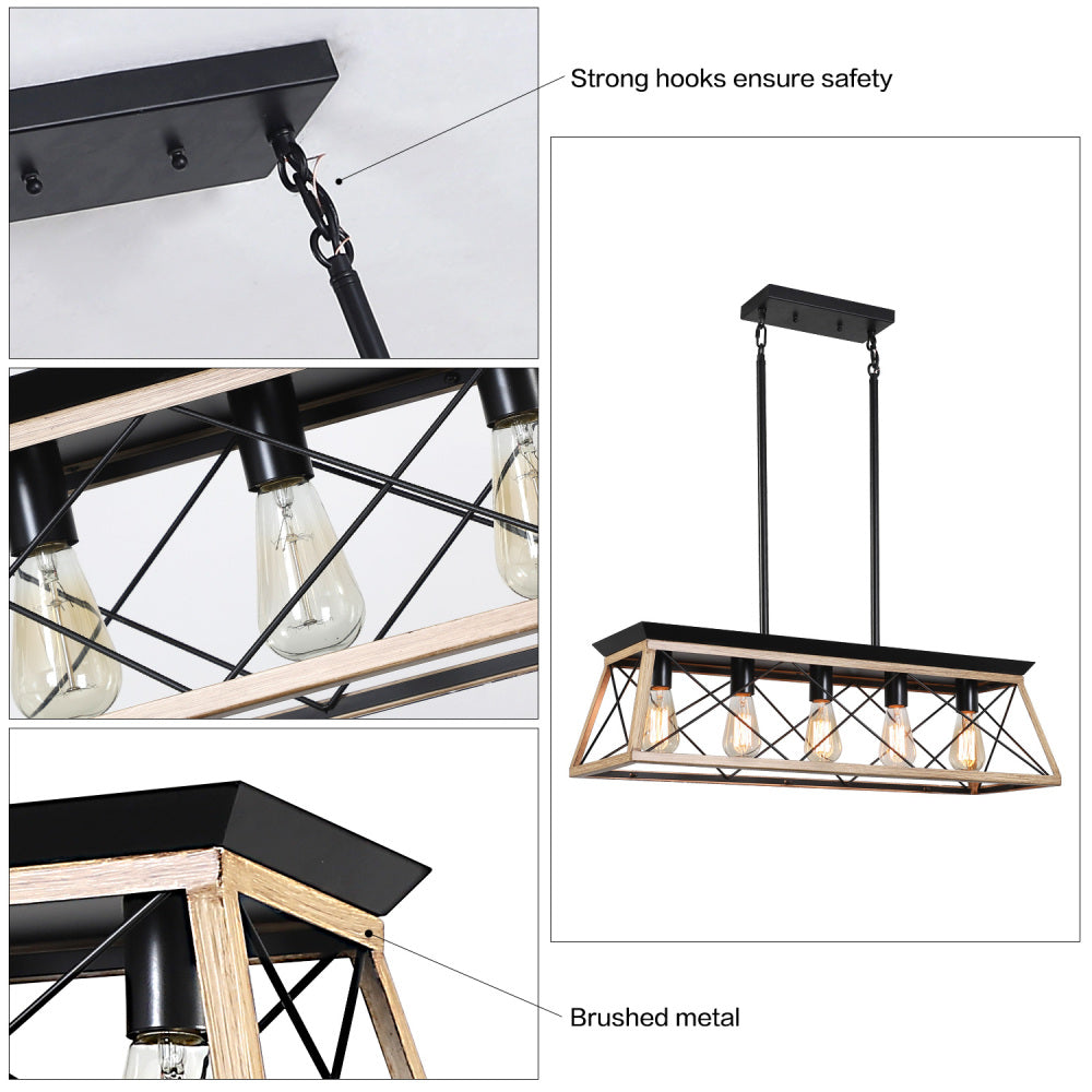 (Same as W134067497/L1002) 32" Oak Industrial 5-Light Pendant Chandelier, Modern Metal Cage Design, Adjustable Hanging Light for Dining Room, Kitchen, Living Room (No Bulbs)
