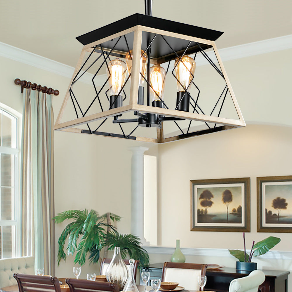 (Same as W1340111202/L1008) 16" Walnut Industrial 4-Light Pendant Chandelier, Modern Metal Cage Design, Adjustable Hanging Light for Dining Room, Kitchen, Living Room (No Bulbs)