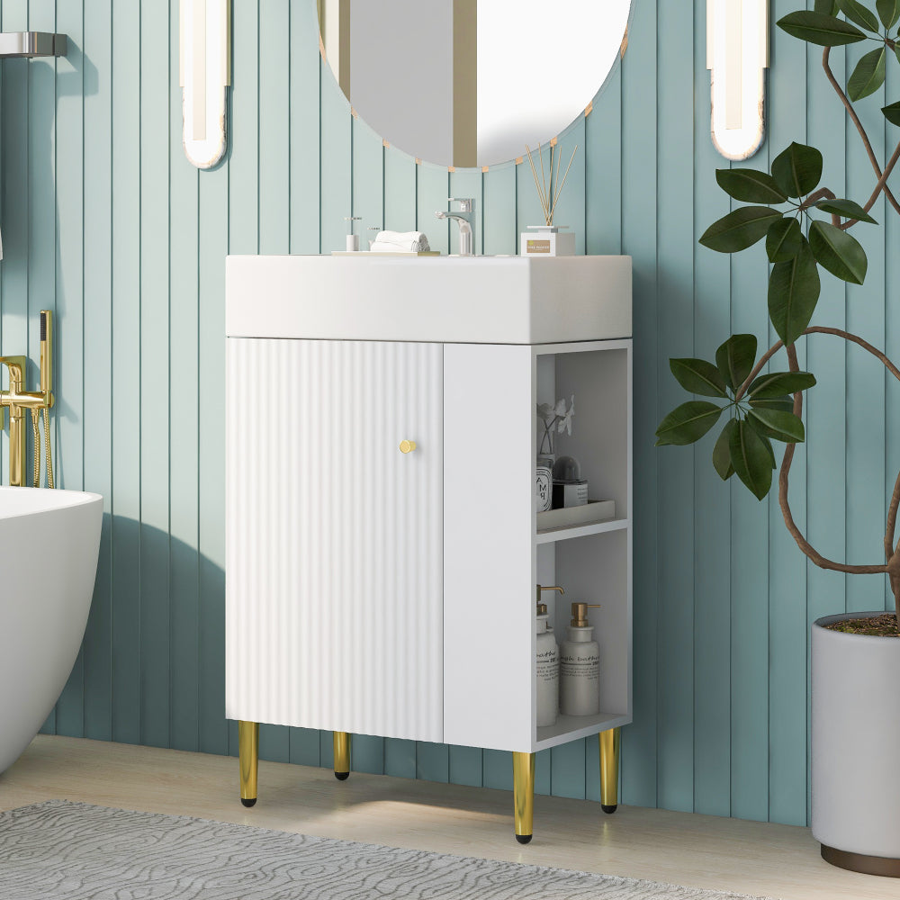 21.6" white Bathroom vanity, Combo Cabinet, Bathroom Storage Cabinet, Single Ceramic Sink, Left side storage