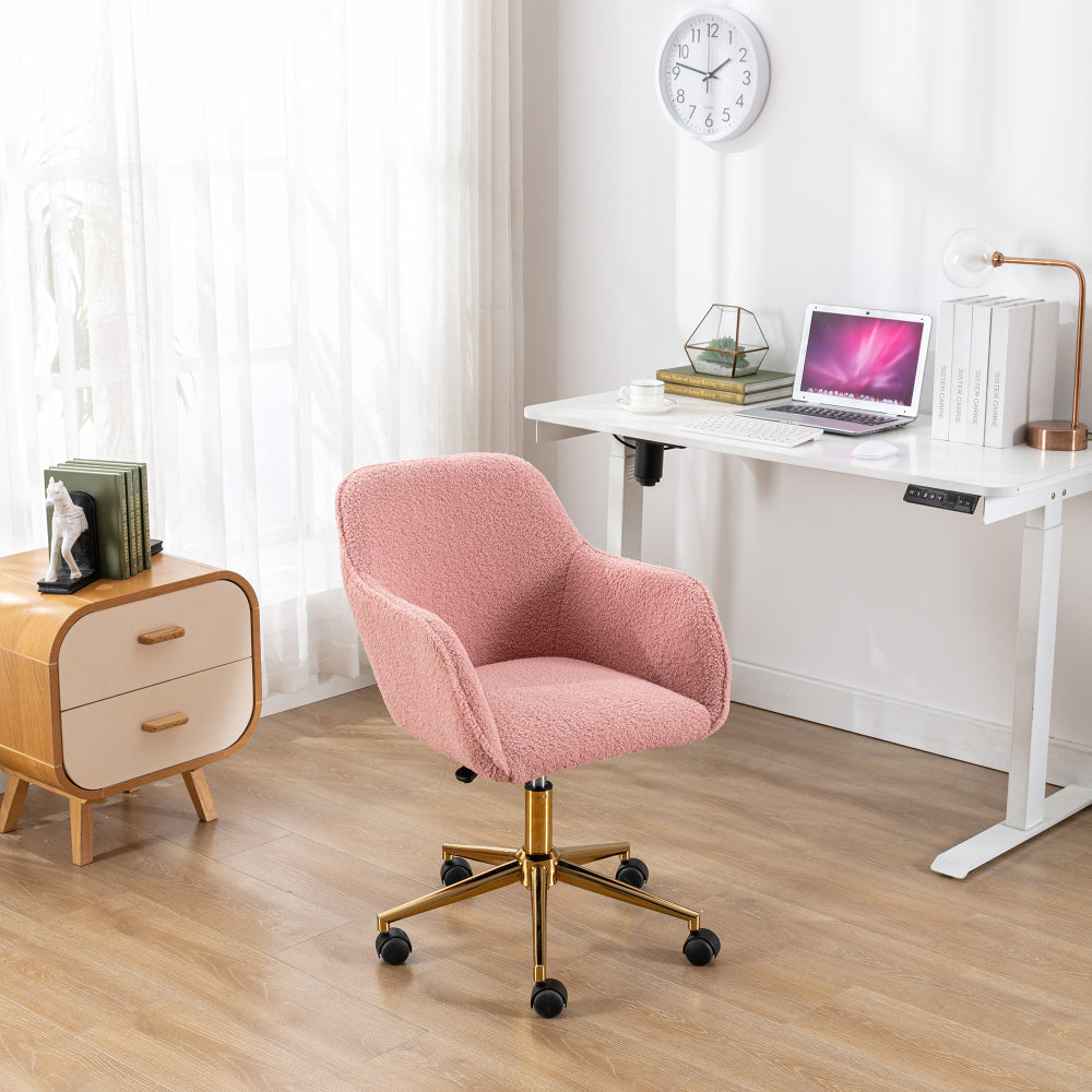 Modern Teddy Fabric Material Adjustable Height 360 Revolving Home Office Chair With Gold Metal Legs And Universal Wheel For Indoor,White