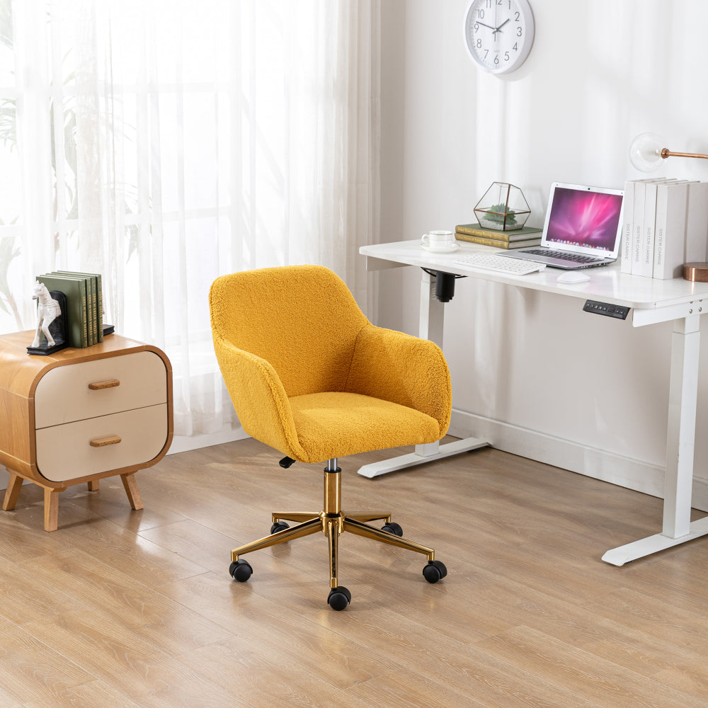 Modern Teddy Fabric Material Adjustable Height 360 Revolving Home Office Chair With Gold Metal Legs And Universal Wheel For Indoor,White