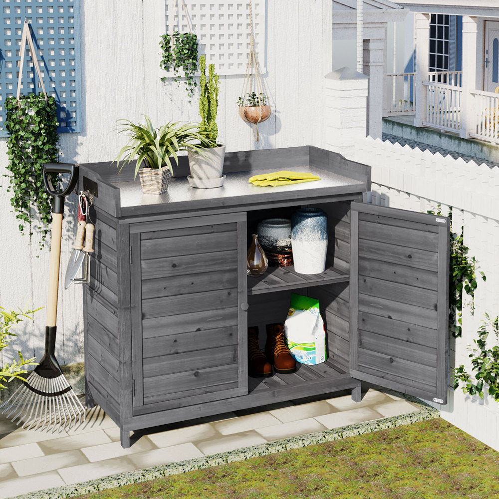 TOPMAX Outdoor 39" Potting Bench Table, Rustic Garden Wood Workstation Storage Cabinet Garden Shed with 2-Tier Shelves and Side Hook, Orange