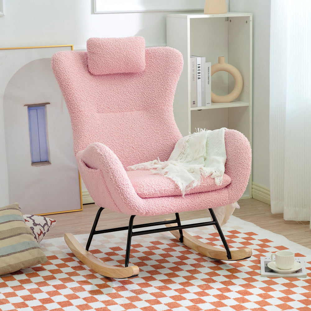 Rocking Chair Nursery, Teddy Upholstered Rocker Glider Chair with High Backrest, Adjustable Headrest & Pocket, Comfy Glider Chair for Nursery, Bedroom, Living Room, Offices, Rubber wood, beige