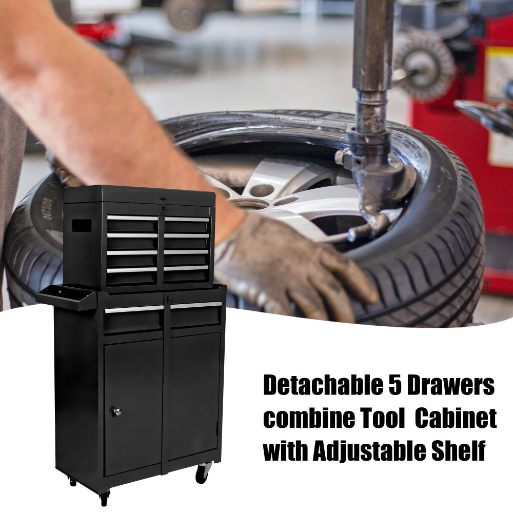 Rolling Tool Chest, 5-Drawer Tool Box Organizer w/Lockable Wheels & Sliding Drawers & Detachable Top & Adjustable Shelf, Tool Storage Cabinet for Garage Workshop(BLACK)