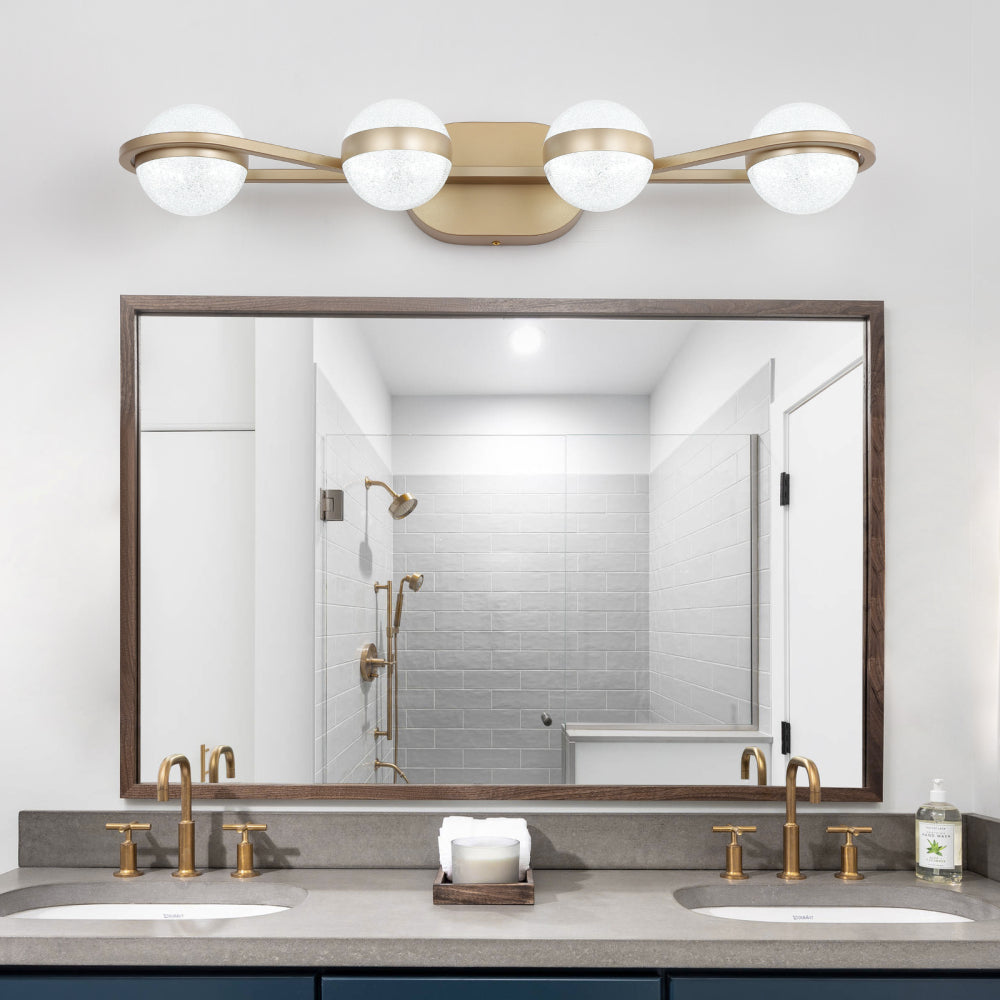 (Same as W1340P143676/L2001-G-6) 43" Gold Minimalist LED Bathroom Vanity Light with Crystal Sand Acrylic Shades, 6-Light Wall Mounted Decorative Lighting Fixture, Suitable for Bathroom Vanity Mirror