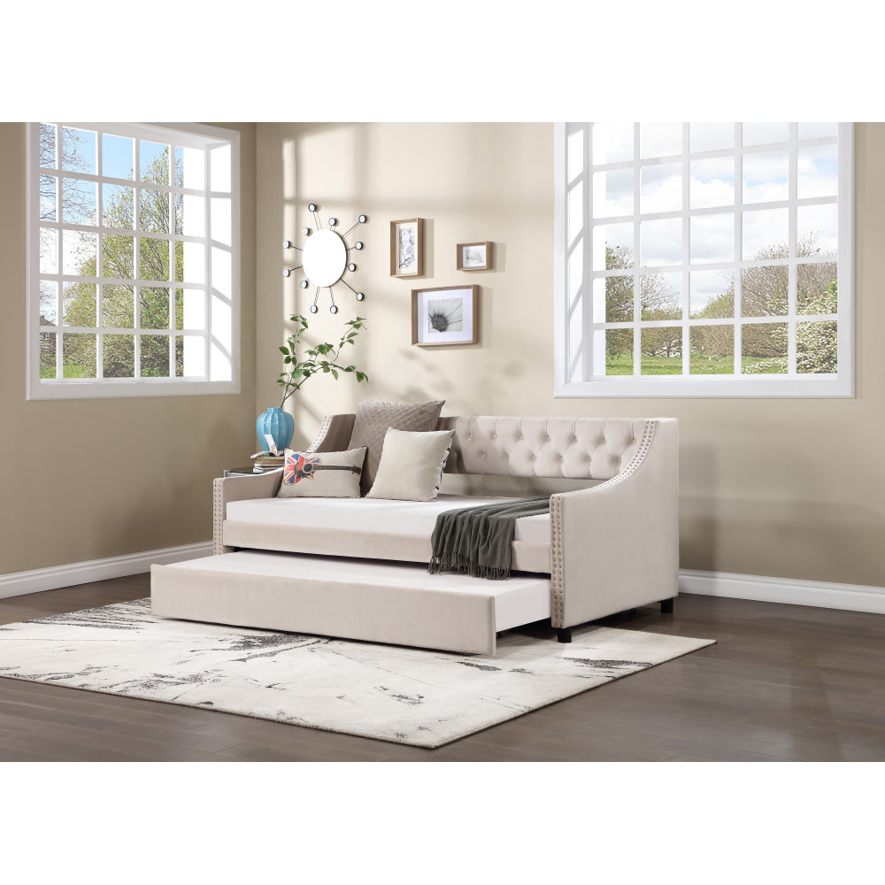 Daybed with Trundle Upholstered Tufted Sofa Bed, with Button and Copper Nail on Arms full Size Beige