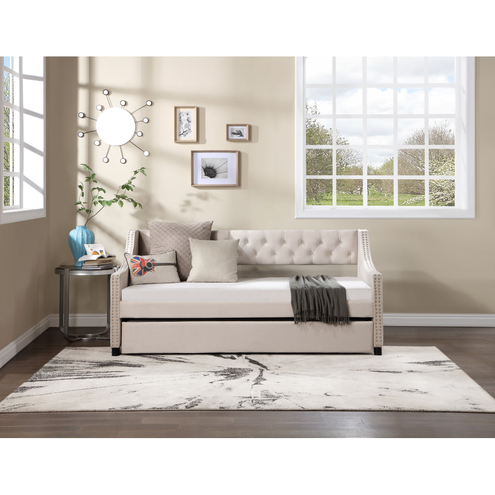 Daybed with Trundle Upholstered Tufted Sofa Bed, with Button and Copper Nail on Arms full Size Beige