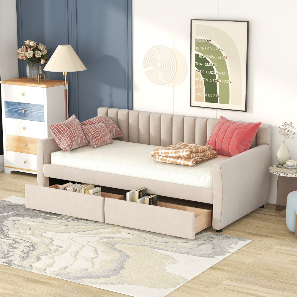 Full Size Upholstered daybed with Trundle and Wood Slat Support, Beige(Old SKU:LP000121AAA)