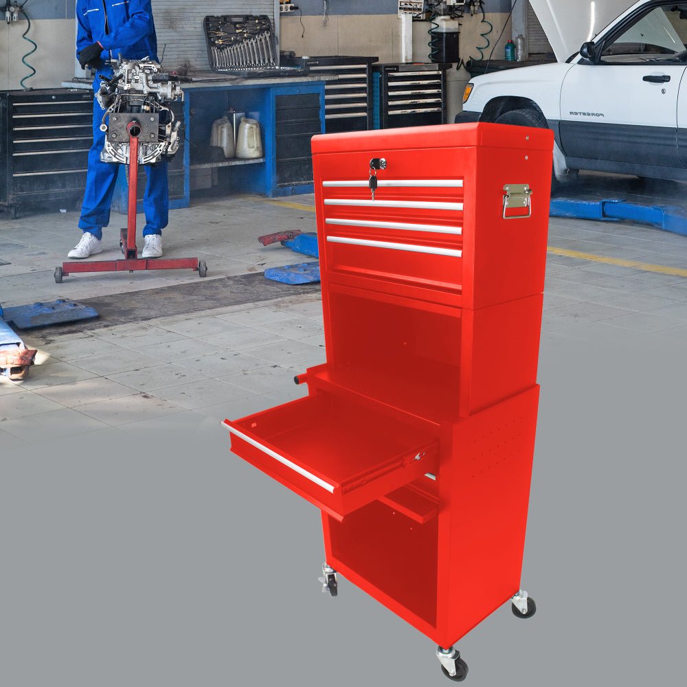 Tool Cabinet on Wheels, 6-Drawer Lockable Rolling Tool Chest w/ 4 Universal Wheels, 2 in 1 Detachable Tool Box Storage Organizer for Garage Workshop Repair Shop,RED