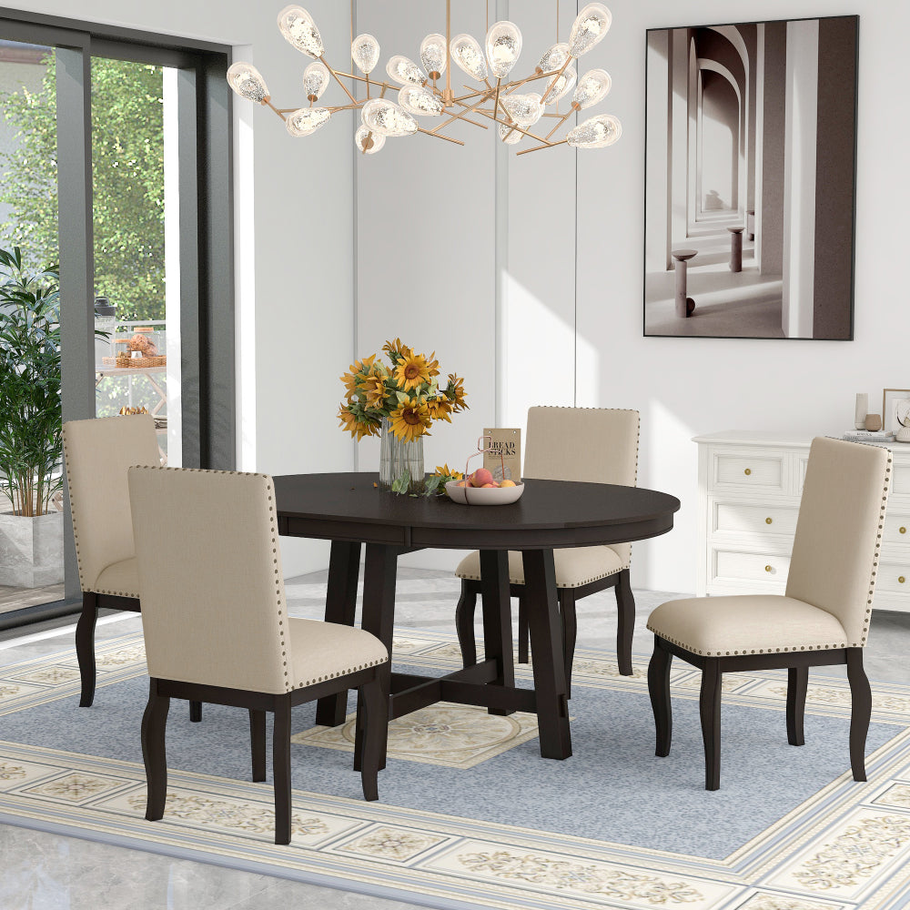 TREXM Set of 4 Dining chairs Wood Upholstered Fabirc Dining Room Chairs with Nailhead (Natural Wood Wash)