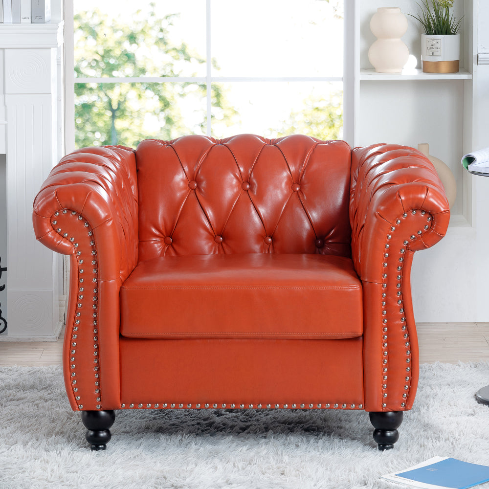 84.65" BLACK PU Rolled Arm Chesterfield Three Seater Sofa.