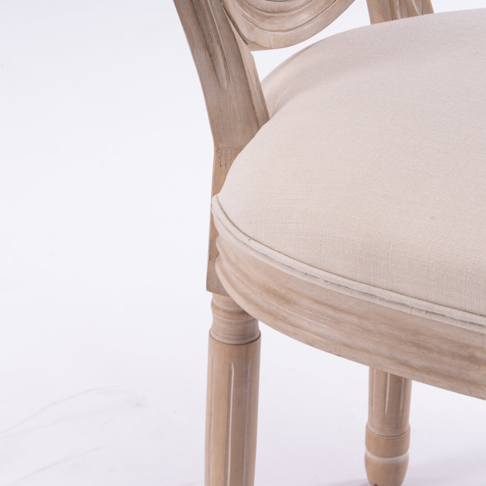 French Style Solid Wood Frame Linen Fabric Rattan Back Dining Chair,Set of 2,Cream