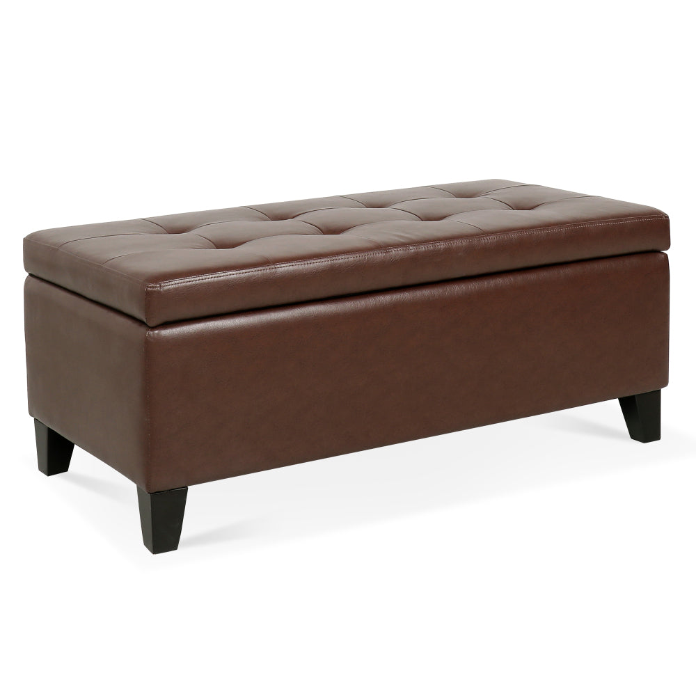 Storage Ottoman with Wooden Legs, Faux Leather Ottoman with Storage for Living Room, Bedroom & Hallway, Ottoman Foot Rest, 38.4" Brown Ottoman