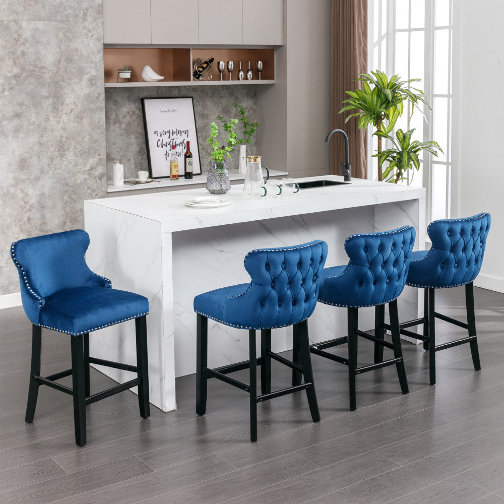 Contemporary Velvet Upholstered Wing-Back Barstools with Button Tufted Decoration and Wooden Legs, and Chrome Nailhead Trim, Leisure Style Bar Chairs,Bar stools, Set of 4 (Gray), SW1824GY x 2 cartons
