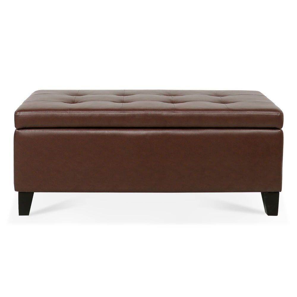 Storage Ottoman with Wooden Legs, Faux Leather Ottoman with Storage for Living Room, Bedroom & Hallway, Ottoman Foot Rest, 38.4" Brown Ottoman