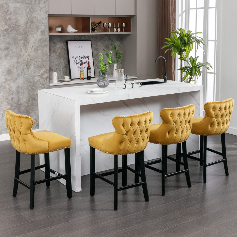 Contemporary Velvet Upholstered Wing-Back Barstools with Button Tufted Decoration and Wooden Legs, and Chrome Nailhead Trim, Leisure Style Bar Chairs,Bar stools, Set of 4 (Gray), SW1824GY x 2 cartons