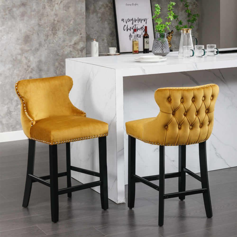 Contemporary Velvet Upholstered Wing-Back Barstools with Button Tufted Decoration and Wooden Legs, and Chrome Nailhead Trim, Leisure Style Bar Chairs,Bar stools, Set of 4 (Gray), SW1824GY x 2 cartons