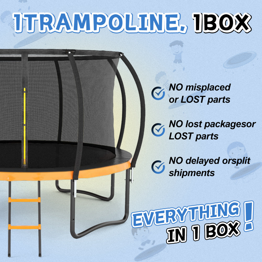 12FT Outdoor Big Trampoline With Inner Safety Enclosure Net, Ladder, PVC Spring Cover Padding, For Kids, Black&Orange Color