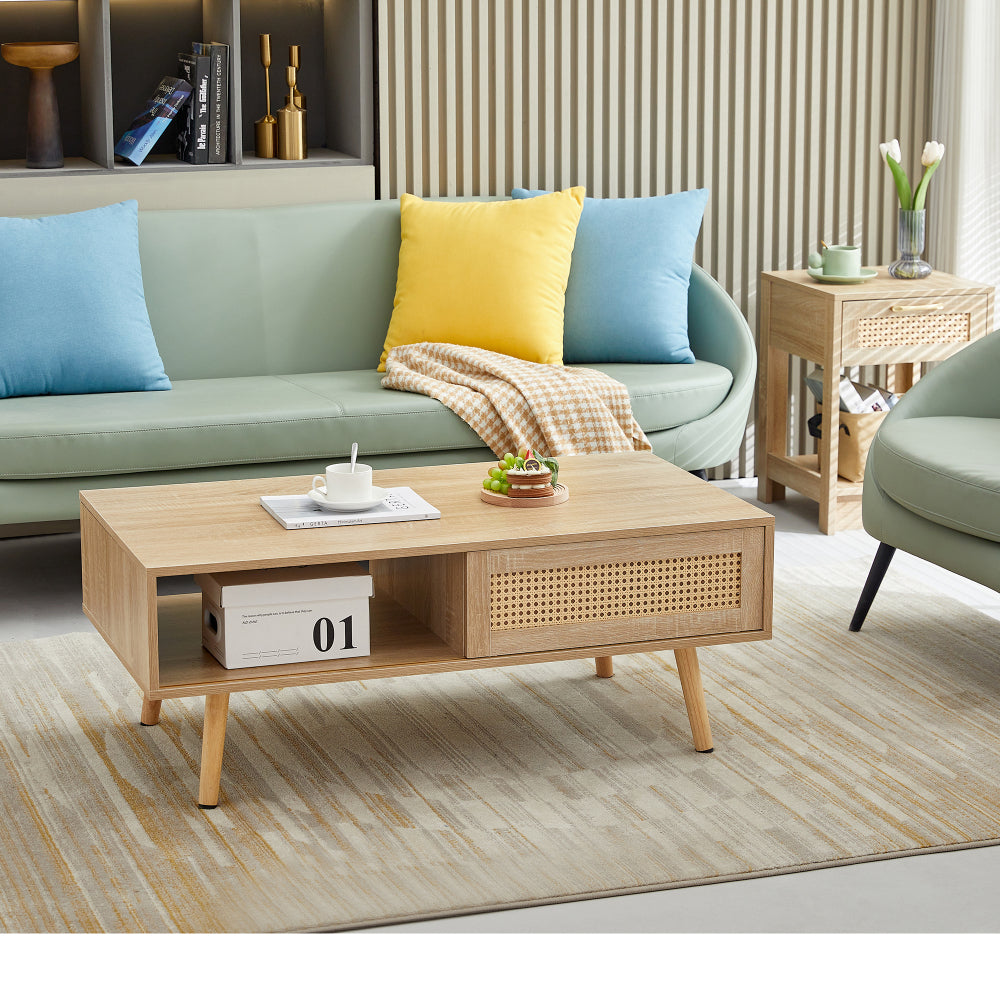 55.12" Rattan TV cabinet, double sliding doors for storage, adjustable shelf, solid wood legs, TV console for living room ,natural