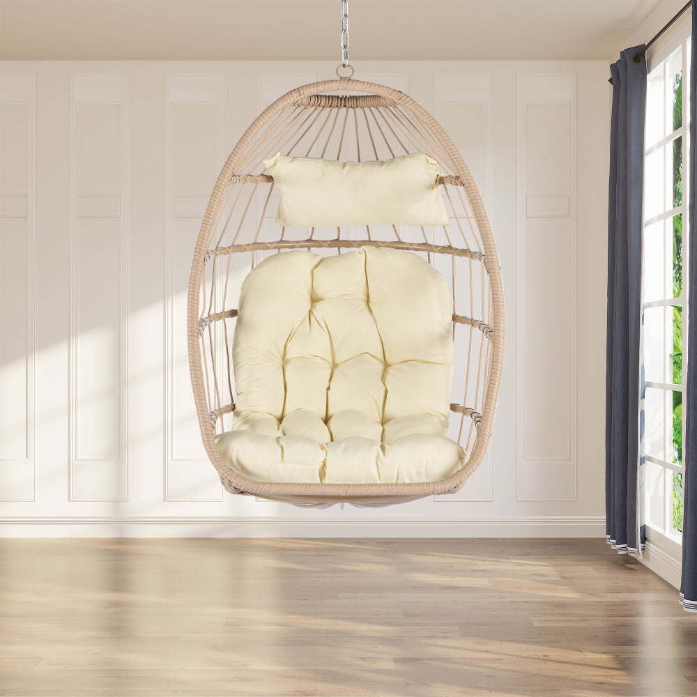 Outdoor Garden Rattan Egg Swing Chair Hanging Chair Wood+Khaki