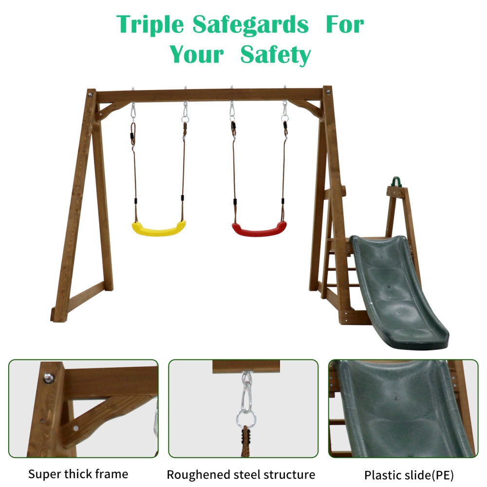 Wood Swing Set for Backyard, 2 in 1 Outdoor Swing Set with Slide, Climbing Rope Ladder Kids Backyard Playset