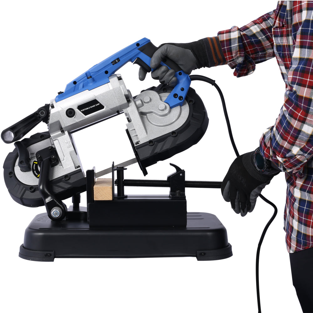 High-Performance Portable Band Saw with Removable Steel Base, 45°-90° Cutting, 10A 1100W Motor, 5-inch Depth Cut,