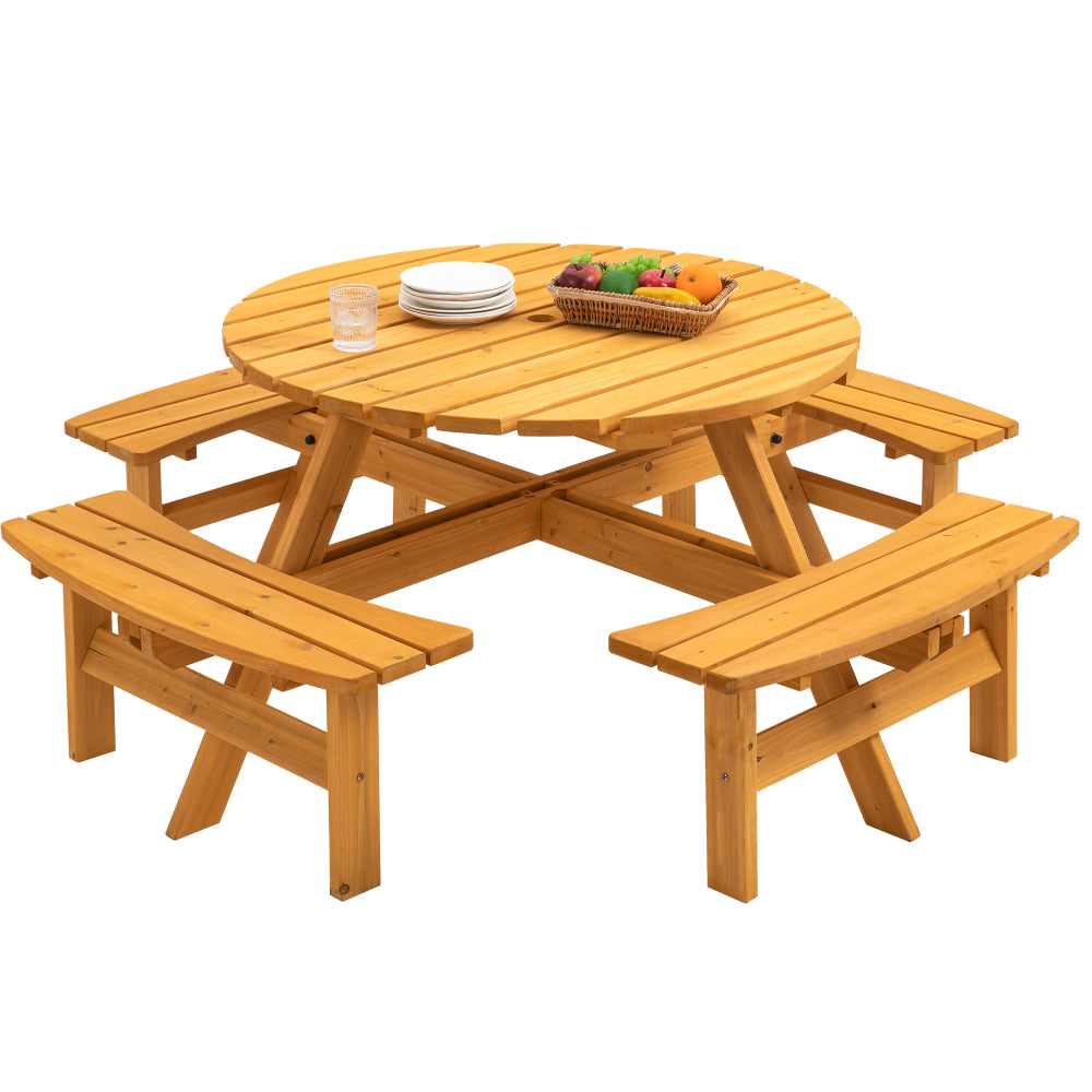 8 Person Wooden Picnic Table, Outdoor Camping Dining Table with Seat, Garden, DIY w/ 4 Built-in Benches, 2220lb Capacity