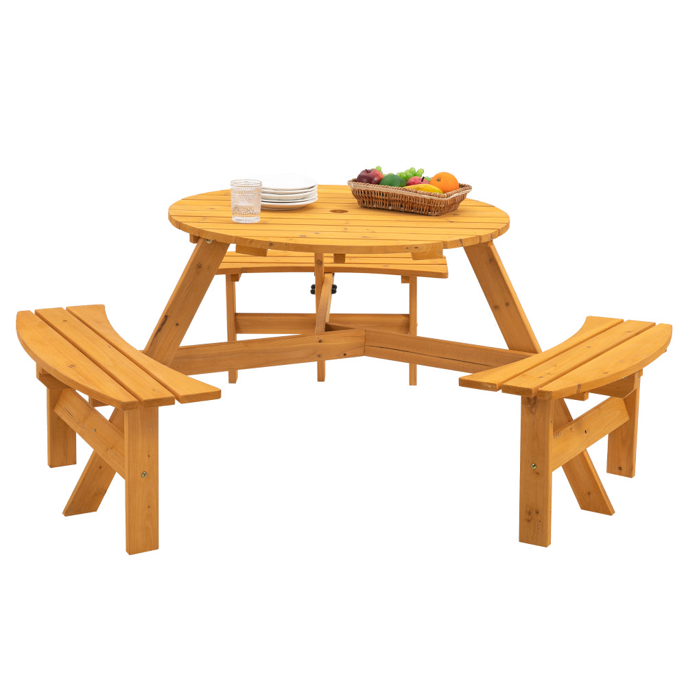 8 Person Wooden Picnic Table, Outdoor Camping Dining Table with Seat, Garden, DIY w/ 4 Built-in Benches, 2220lb Capacity