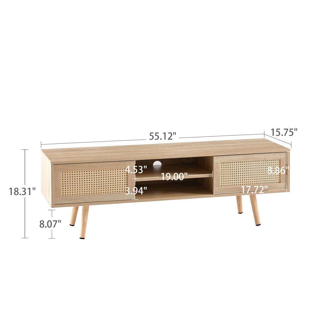 55.12" Rattan TV cabinet, double sliding doors for storage, adjustable shelf, solid wood legs, TV console for living room ,natural