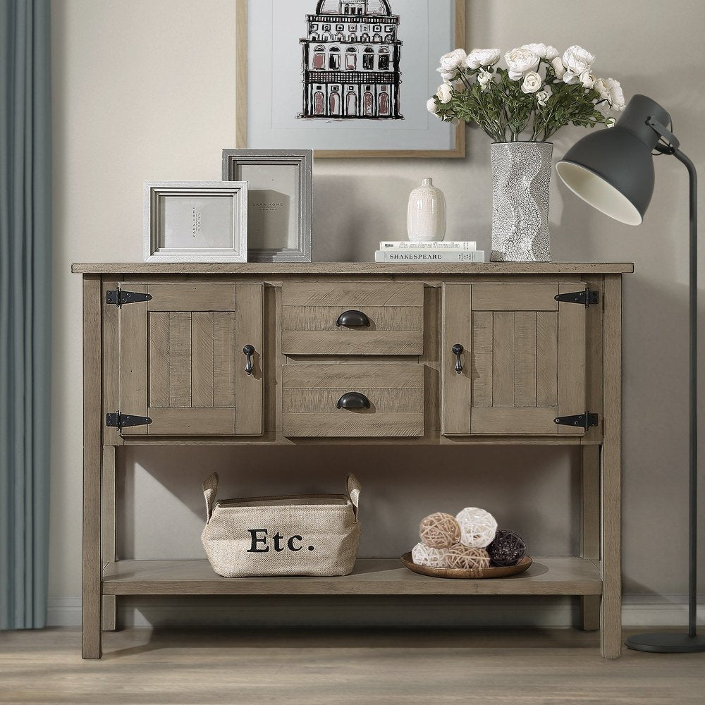 48'' Solid Wood Sideboard Console Table with 2 Drawers and Cabinets and Bottom Shelf, Retro Style Storage Dining Buffet Server Cabinet for Living Room Kitchen Dining Room(Brown)
