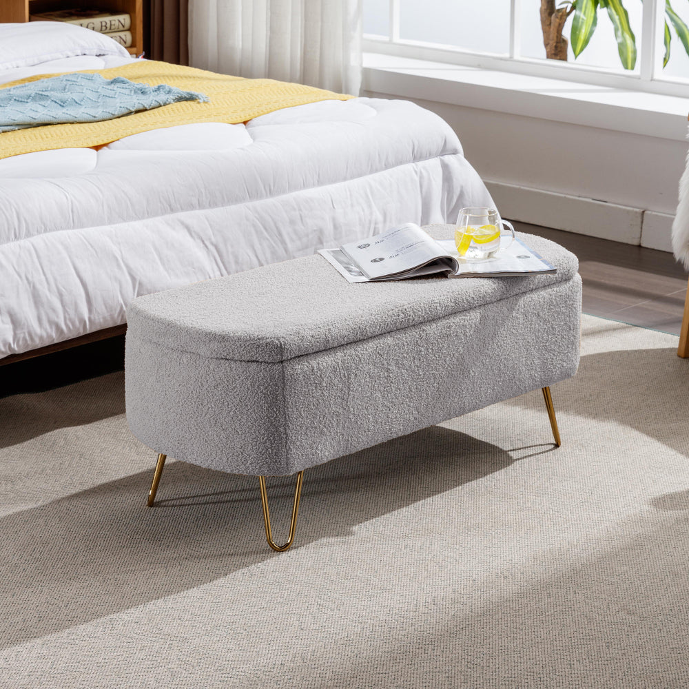 Ivory White Storage Ottoman Bench for End of Bed Gold Legs, Modern Ivory White Faux Fur Entryway Bench Upholstered Padded with Storage for Living Room Bedroom