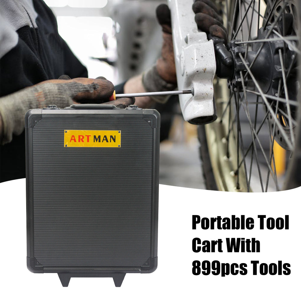 899pcs Home Repair Tool Set Kit, Toolbox Storage Case with 4 Drawers, General Household Tool Kit with Rolling Tool Box, Tool Set Kit for Maintenance, Garden, Homeowner, Handyman -Black
