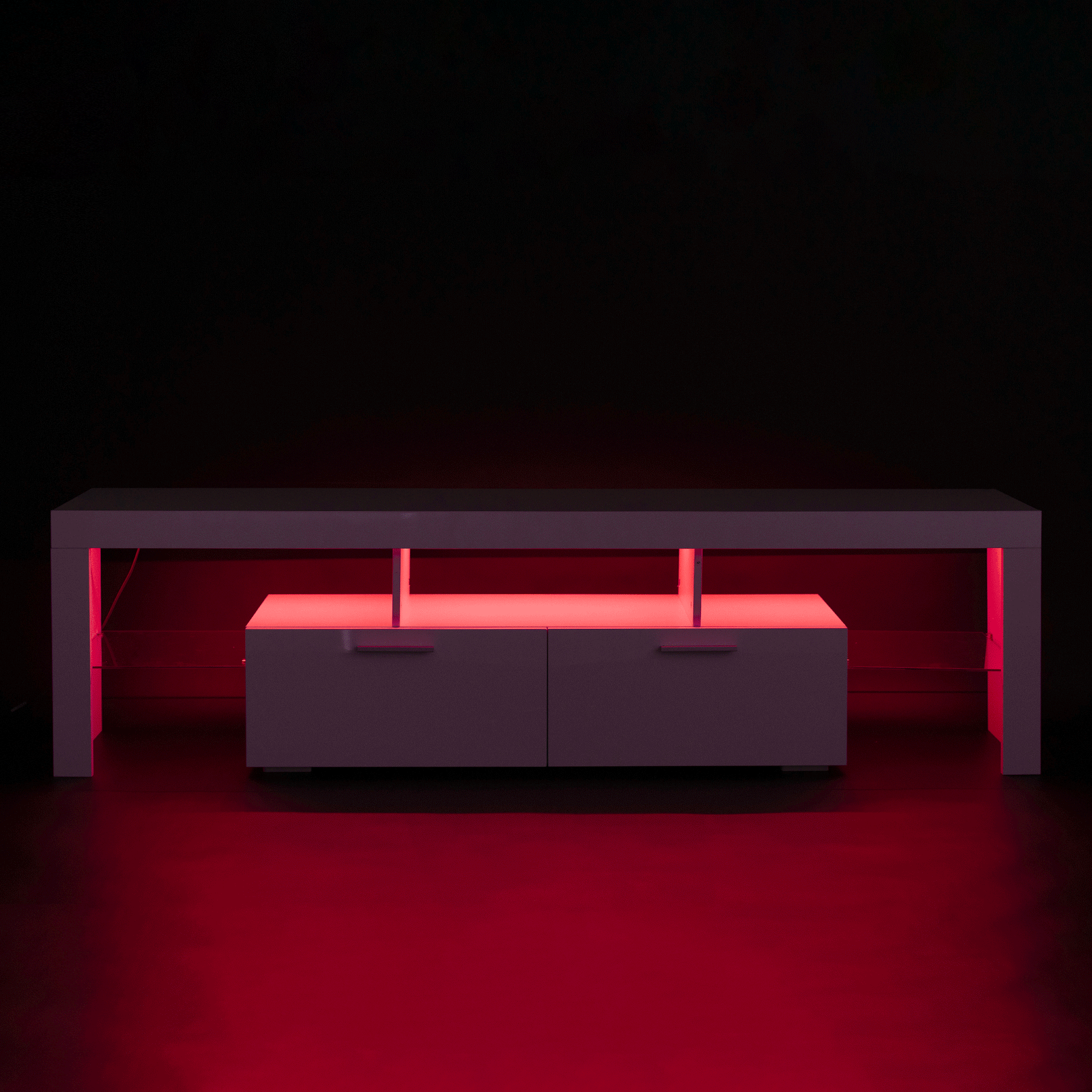 FashionTVstandTVcabinet,EntertainmentCenter,TVstationTV console,media console,with LEDlight belt,light belt remote control,toughenedglassshelf,metal handle,Canbeplaced in the living room,bedroom,White