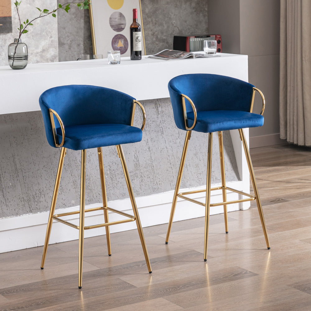 26 Inch Set of 2 Bar Stools,with Chrome Footrest and Base Velvet + Golden Leg Simple Bar Stool,GRAY