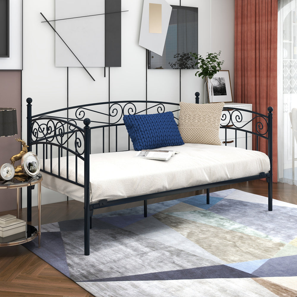 Twin Size Daybed Metal Frame with Trundle Set, Twin Day Bed Sofa, Daybed and Roll Sofa Bed for Guest Room, Bedroom, Living Room, Victorian Style, Black