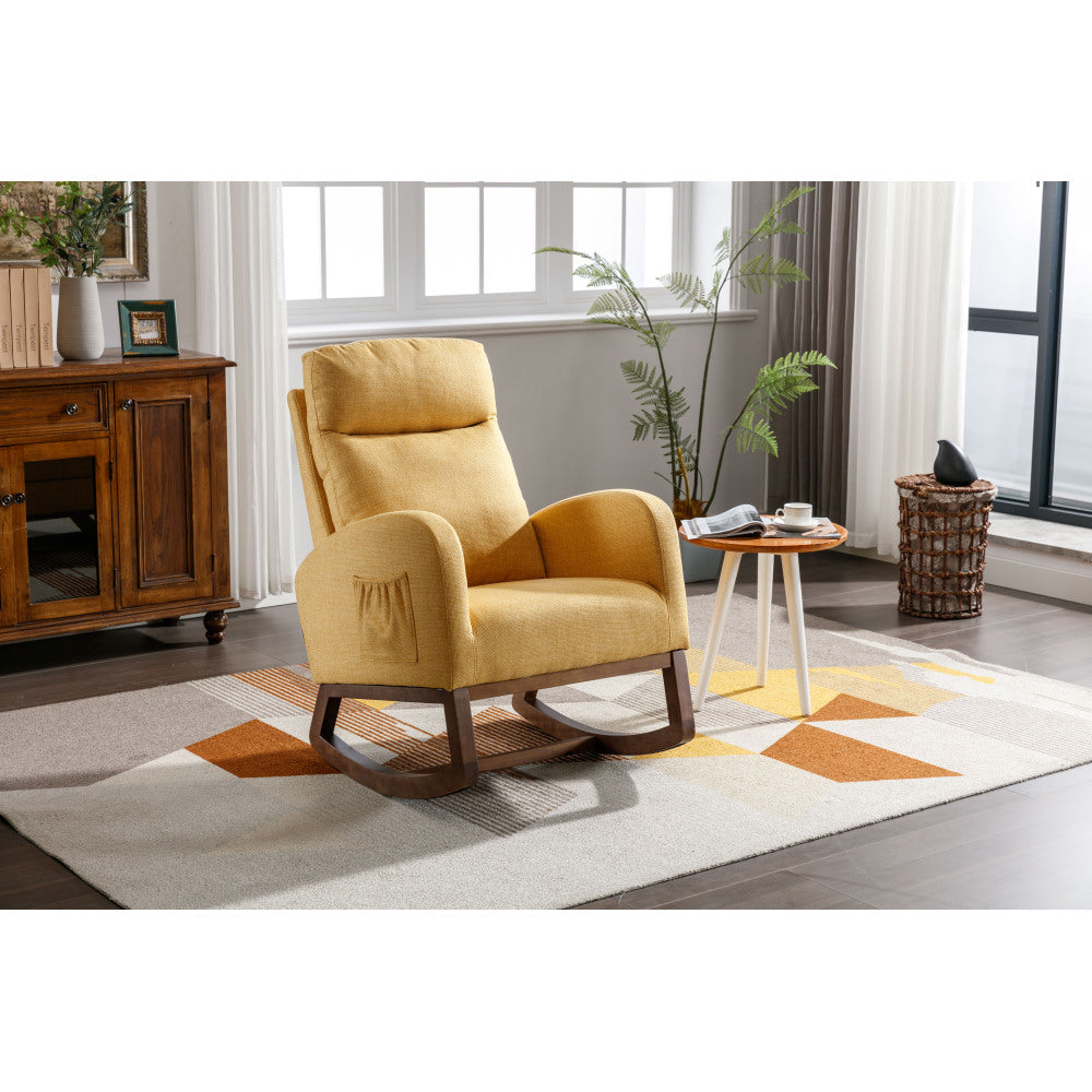 Rocking Chair, Modern Glider Chair, Recliner Armchair with Wood Legs and Side Pocket, Nursery Rocking Accent Chair with High Back for Living Room Bedroom (Beige linen)