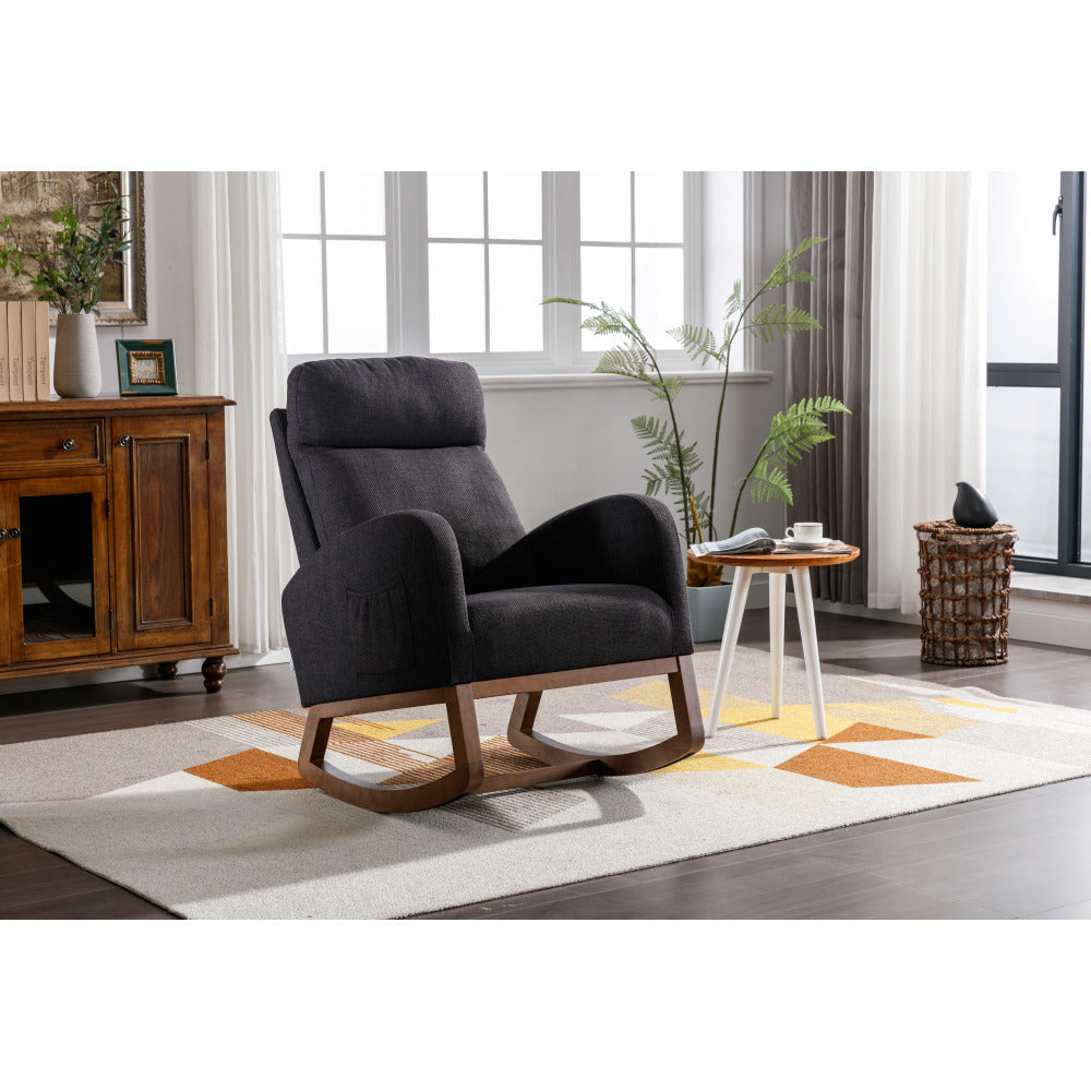Rocking Chair, Modern Glider Chair, Recliner Armchair with Wood Legs and Side Pocket, Nursery Rocking Accent Chair with High Back for Living Room Bedroom (Beige linen)