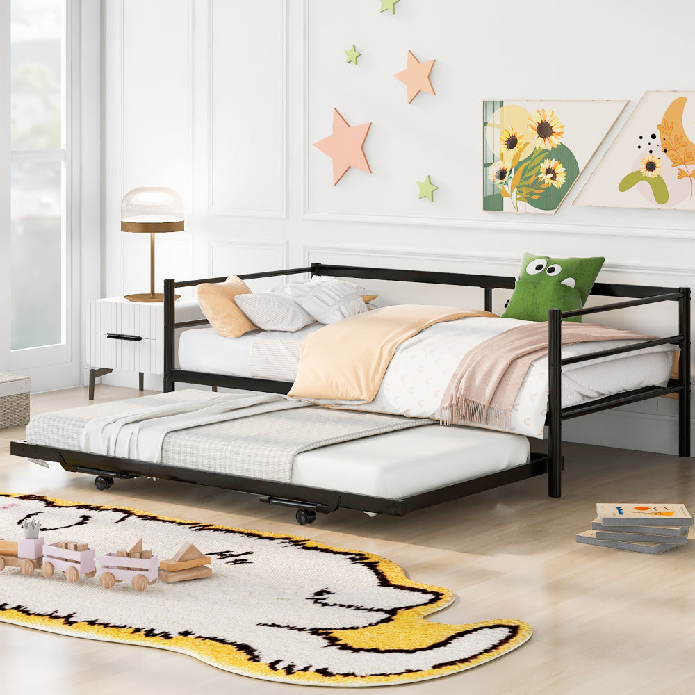 Twin Size Metal Daybed with Adjustable Trundle, Pop Up Trundle, Silver