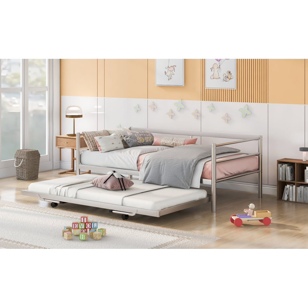 Twin Size Metal Daybed with Adjustable Trundle, Pop Up Trundle, Silver